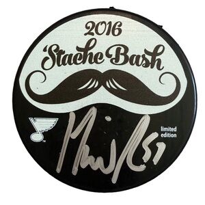 NHL / ST LOUIS BLUES 2016 STACHE BASH HOCKEY PUCK AUTOGRAPHED BY DAVID PERRON